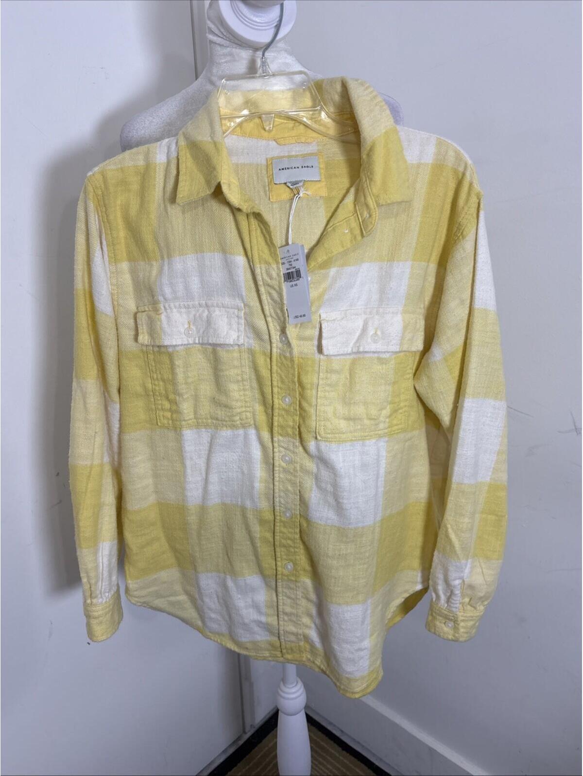 American Eagle Outfitters Yellow And White Soft Plaid Shirt. New With Tags Xs